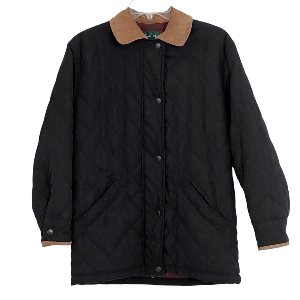 Lauren Ralph Lauren Quilted Jacket Black with Brown Pig Suede Collar 2 Petite